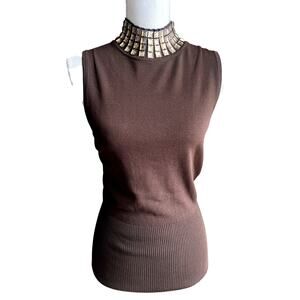Cache brown ribbed sleeveless jeweled turtleneck size S